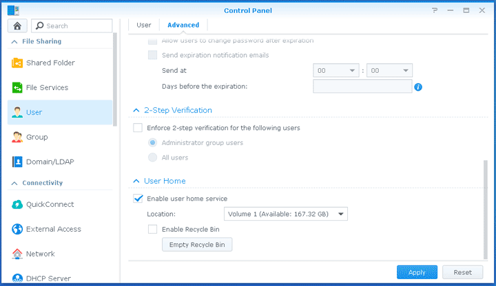 Configure the home directory for ©Synology users