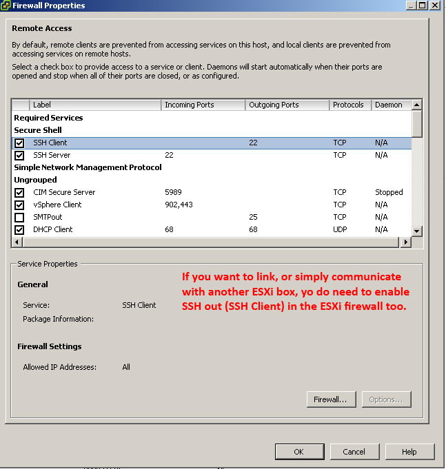 Enable the SSH server and client in the ESXi firewall