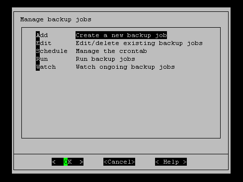 XSIBackup GUI: jobs main menu
