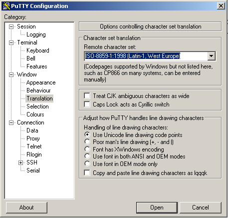 Configure character translation in Putty