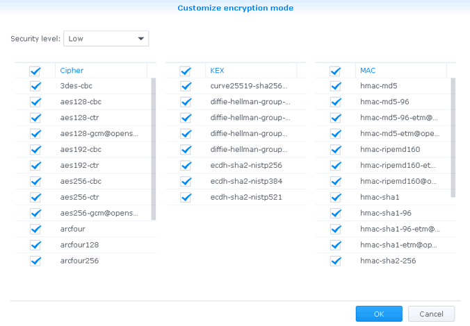 Synology SSH choose ciphers